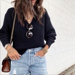 Everlane The Texture Cotton Ribbed V Neck Sweater Black Size Medium